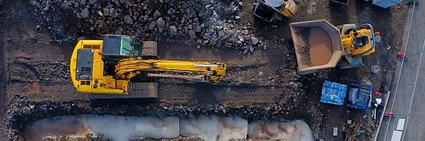 Construction building site aerial view showing materials stock photo