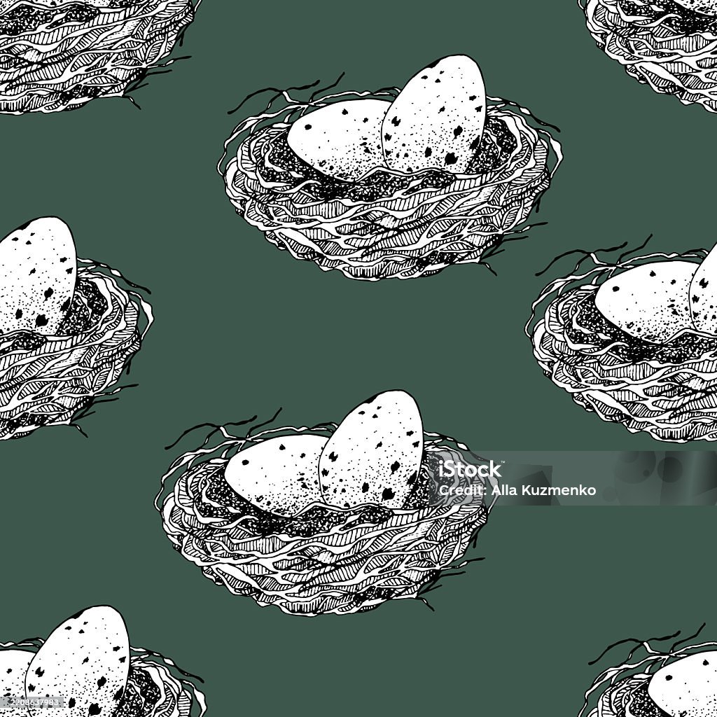 Spring Seamless Pattern With Bird Nest With Eggs Easter Hand Drawn ...