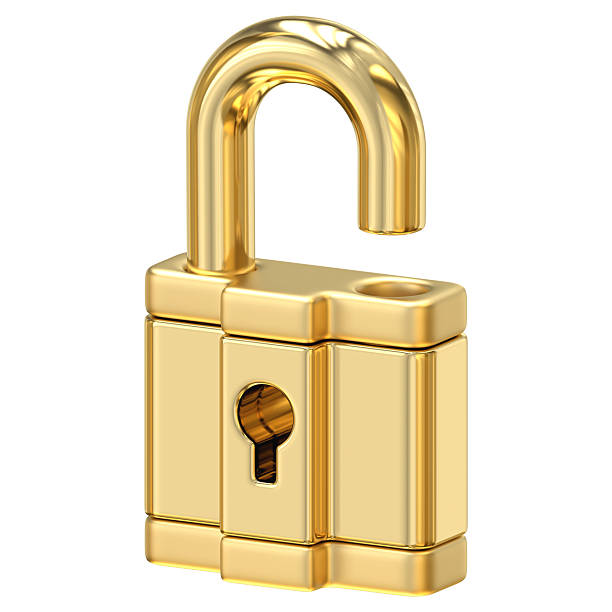 Golden Unlocked Padlock, gleaming symbol of access and security,unlocked padlock shimmers with potential, 3D rendering stock photo