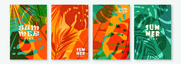 Summer tropic pattern set background. Tropical jungle leaves poster design with retro modern texture. Exotic abstract nature card in creative style. Palm tree, monstera, banana vector illustration.