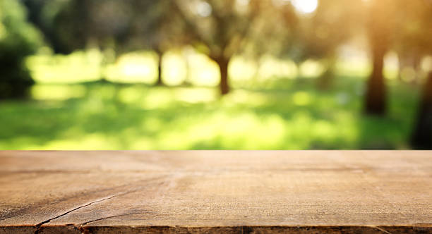 istock Empty rustic table in front of countryside background. product display and picnic concept 2208643734