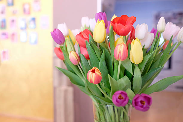 Tulips in a vase at an office reception