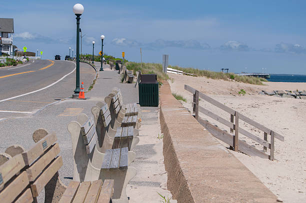 Benches lining the road in okay bluffs massachusetts and overlooking inkwell beach on martha's vineyard.