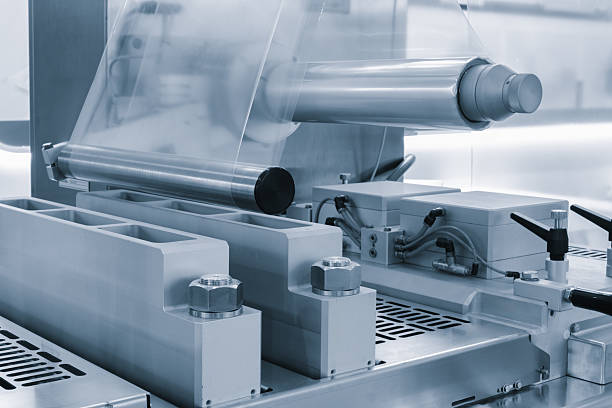 istock Automatic polyethylene plastic bag production machine. Close-up of roller of plastic bag production machine. product packaging industrial concept background 2208655399