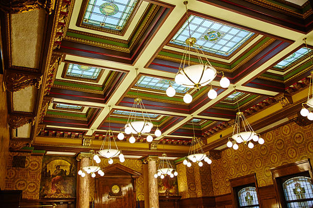 istock Opulent Historic Ceiling with Stained Glass and Chandeliers, Low Angle View 2208663344