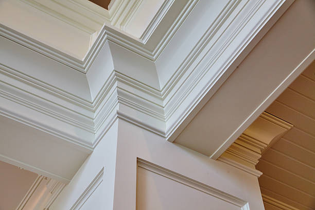 istock Elegant White Crown Molding in Traditional Interior, Low Angle View 2208663733