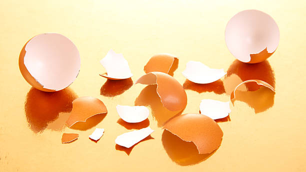 istock Broken eggs with scattered shells on a shiny golden background, reflecting a warm, luxurious tone in a minimalist and textured culinary still life 2208677237