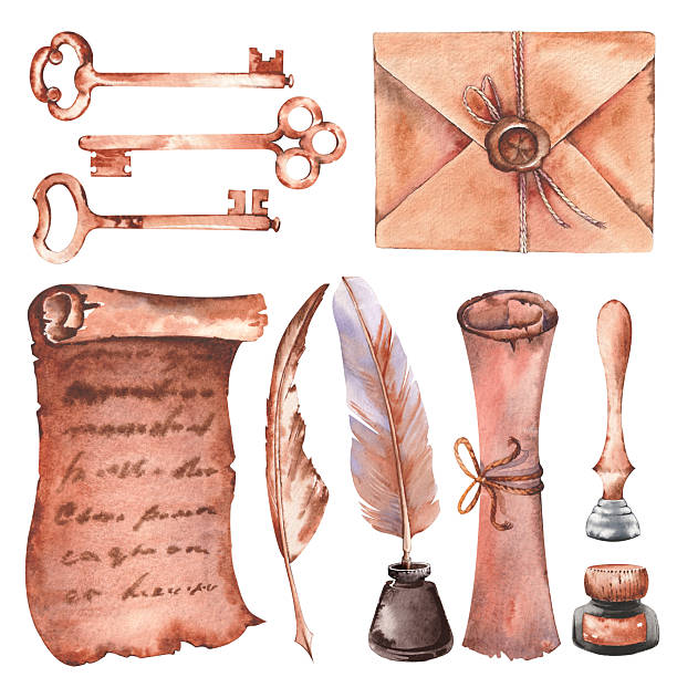Set of vintage envelope, parchment scrolls, feather quills and old keys. Set of vintage envelope, parchment scrolls, feather quills and old keys. Watercolor illustration isolated on white background. clip art of scroll quill stock illustrations