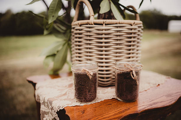 Two jars of dirt and plant at wedding ceremony unity tradition