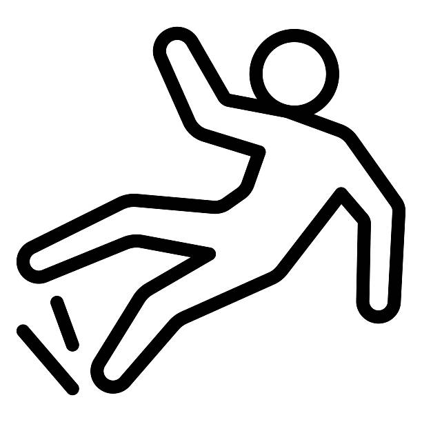 Man slips warning line icon, labor protection, worker safety concept. Vector graphics. Human with wet floor sign on white background, style mobile or design