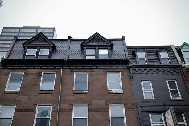 Traditional brownstone and painted rowhomes line a city block under an overcast sky, with modern office buildings visible behind them.