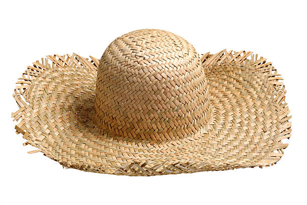 istock Straw beach hat back view raised up isolated white background. Beach hat with clipping path as design element banner, studio shot with sunlight. Summer travel cap for beach holidays on Vacation 2208692791