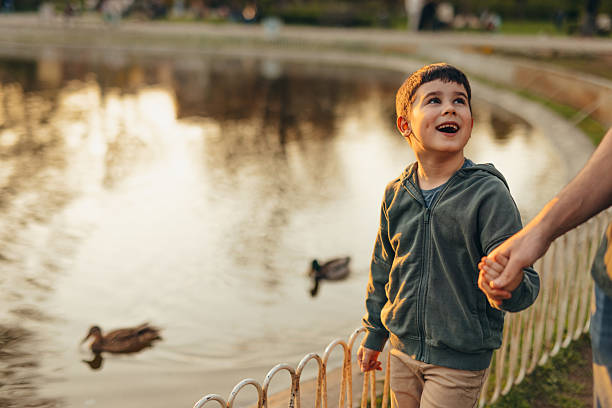 istock Happy child holding parent's hand while looking at ducks in a pond at sunset 2208700029
