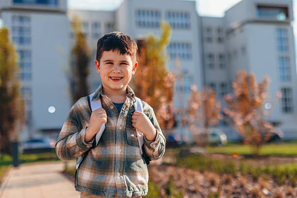 istock Happy pupil smiling carrying backpack in front of school 2208700061