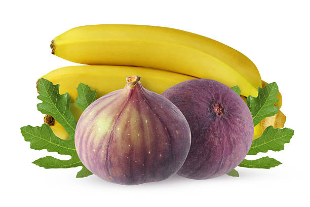 Two ripe figs and bananas with leaves are creating a healthy and delicious still life isolate on a white background