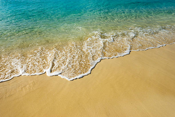 Empty beach. Clear sea water, sea waves, sea foam and white sand