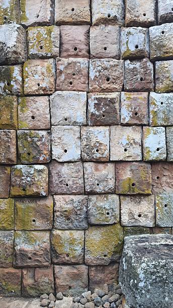 istock Ancient old brick stone texture pattern background. Ancient castle stone wall in Thailand. 2208705798