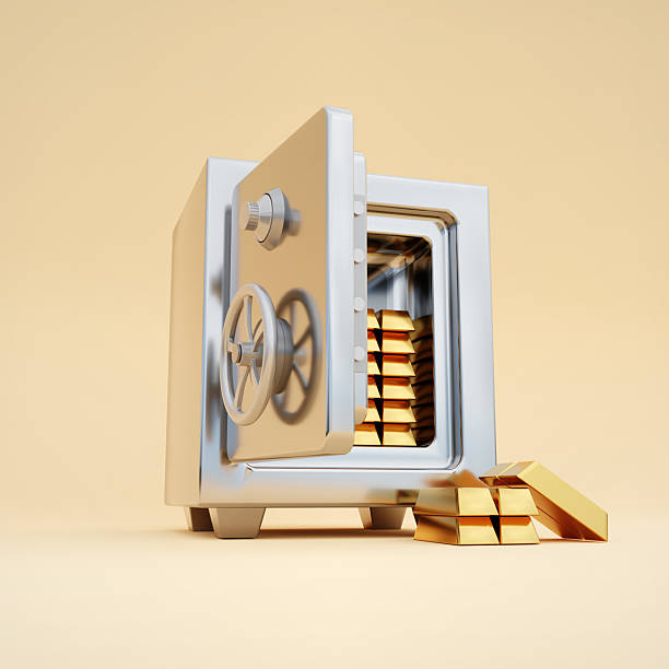 istock Open steel safe with gold bars on beige background 2208713401
