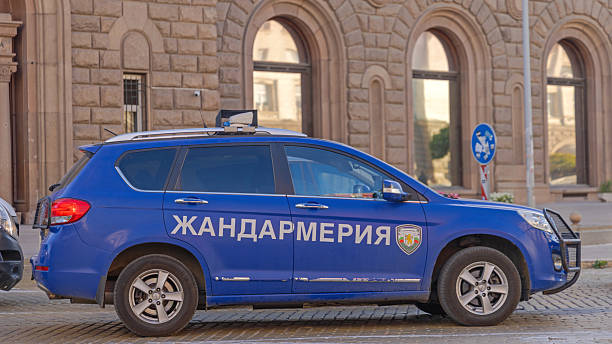 Sofia, Bulgaria - October 16, 2023: Blue Suv Gendarmerie Police Force at Street in Capital City Centre Autumn Day.