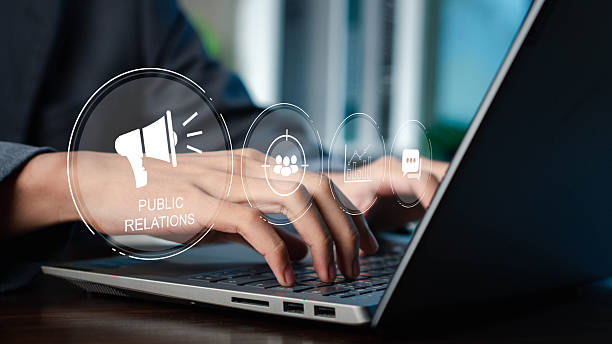 istock Public relations concept. PR, Communication advertising marketing strategy. Businessman use laptop with public relations on virtual screen for communication advertising marketing strategy. 2208773670