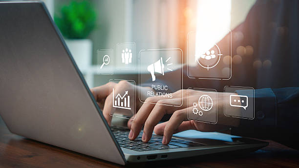 istock Public relations concept. PR, Communication advertising marketing strategy. Businessman use laptop with public relations on virtual screen for communication advertising marketing strategy. 2208773672