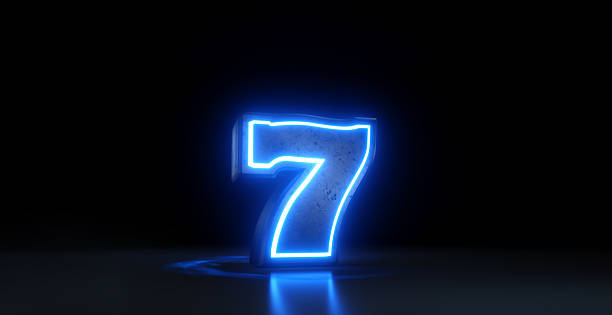 istock Lucky 7 - Lucky Seven Jackpot Symbol with Neon Blue Lights 2208778657