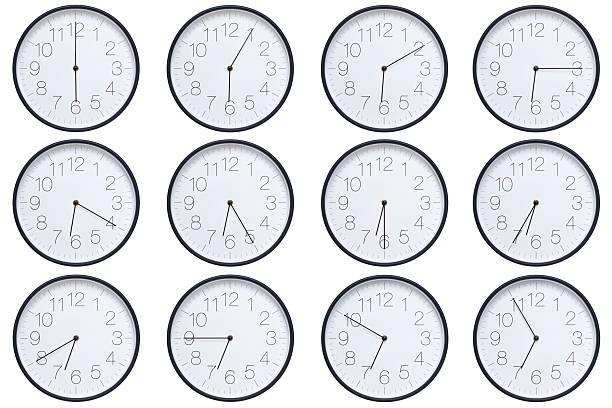 istock A set of twelve round wall clocks with dark brown frames and white faces showing 5-minute time intervals from 06:00 or 18:00 to 06:55 or 18:55. Clean white background, ideal for time, schedule, and deadline concepts. 2208790028