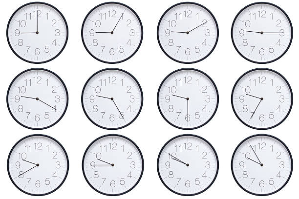 istock A set of twelve round wall clocks with dark brown frames and white faces showing 5-minute time intervals from 09:00 or 21:00 to 09:55 or 21:55. Clean white background, ideal for time, schedule, and deadline concepts. 2208790029