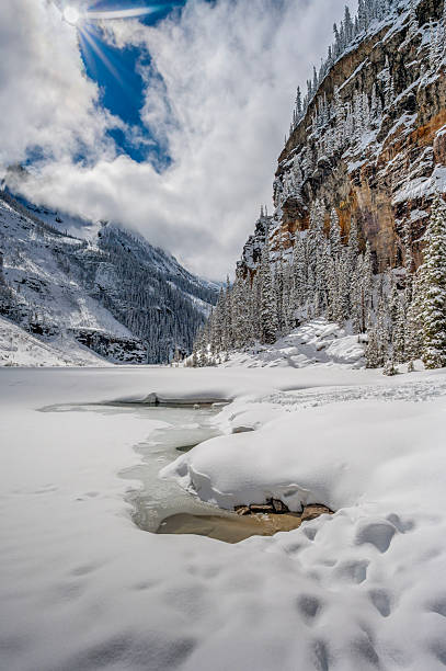 Canada Banff national park Alberta man standing on  frozen lake louise