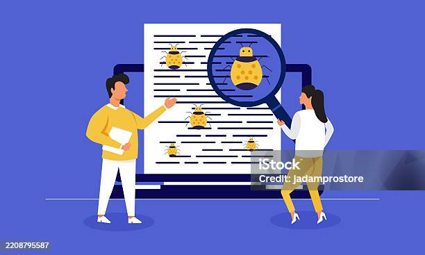 Catching Missing Features Software Programmer With Magnifier Looking For Defect In Programmed Software ...