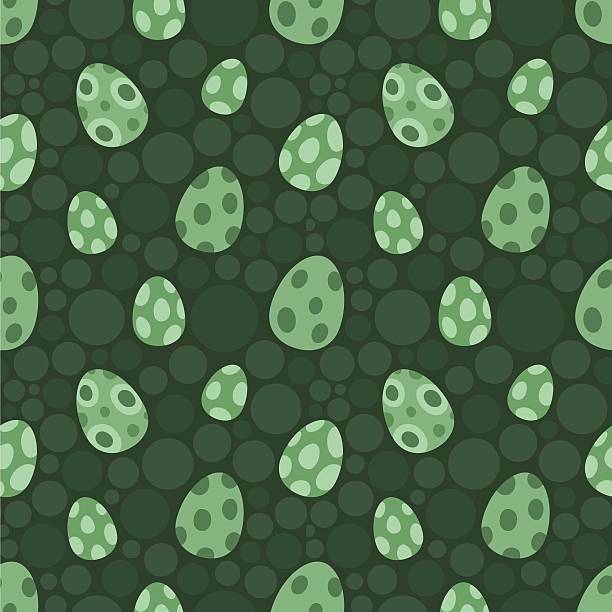 Seamless pattern with green speckled eggs Seamless vector pattern featuring green speckled eggs on a dark green background a of a dinosaur background stock illustrations