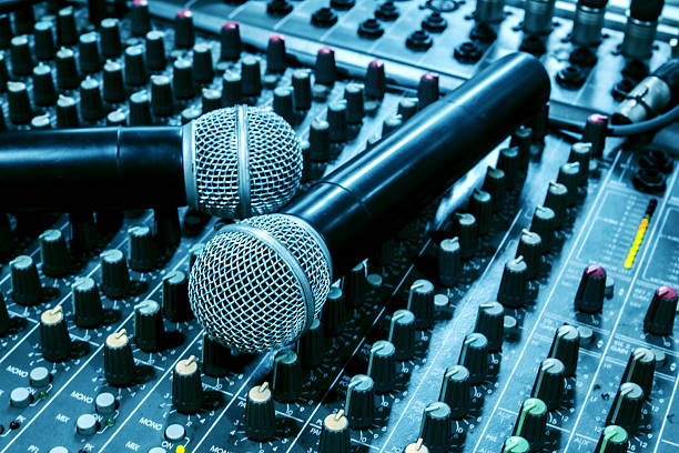 Microphone on the audio mixer in the audio control room.