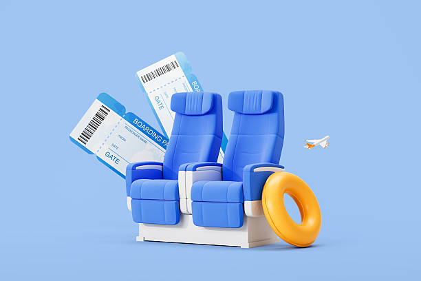 Airplane seats with travel-themed elements on blue background. 3D Rendering
