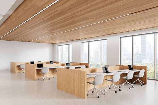 istock Modern open-plan office with wooden partitions and white chairs. 3D Rendering 2208808096