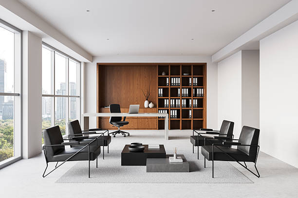 istock Modern executive office with stylish furniture and large windows. 3D Rendering 2208808585