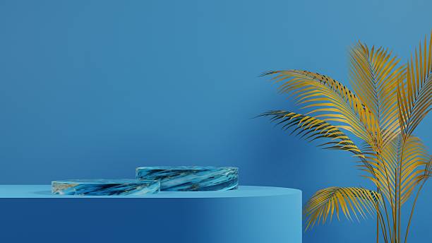 istock Elegant Golden Palm Leaf with Serene Podium Marble Textured Display Platforms Pedestal Backdrop, 3d rendering 2208810419
