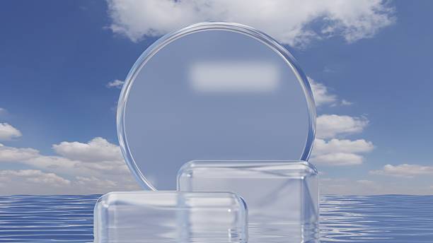istock 3d abstract Transparent glass podium or pedestal platform on water with sky backdrop  in nature landscape, empty stage for product presentation. 2208811256