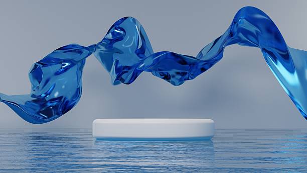 istock minimal white podium with Gradient glass wavy ribbon on water, Abstract geometric background in blue Iridescent color, Modern platform mockup for product presentation 2208811326