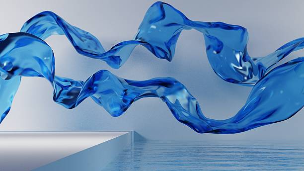 istock minimal white podium with Gradient glass wavy ribbon on water, Abstract geometric background in blue Iridescent color, Modern platform mockup for product presentation 2208811332