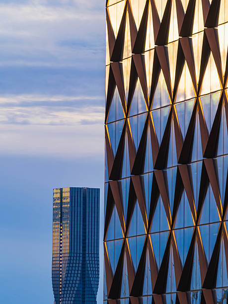 Abstract contemporary architecture. Kaktus Towers, -high rise luxury rental apartments in cactusshaped buildings with asymetric balconys filmed in black and white in Copenhagen, Denmark.