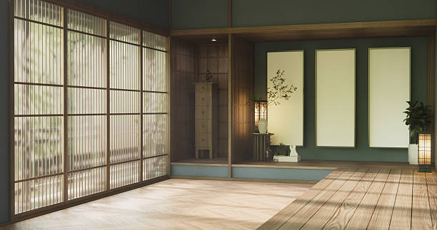 istock Japan style empty room with graywall with wood wall design. 3d rendering 2208827097