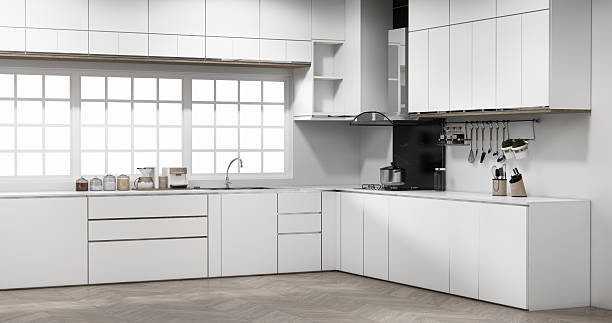 istock Mock up white modern loft style on kitchen counter scene mockup and set shaped kitchen design. 3d rendering 2208827125