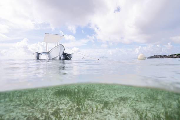 istock Serene split-view of boat on clear water. 2208841069