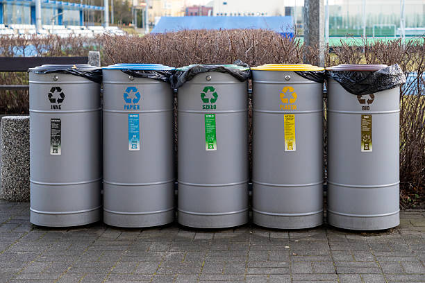 istock recycling bins for waste separation with color-coded labels for paper glass plastic bio and mixed trash in public outdoor area 2208845300