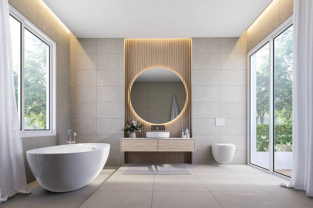 istock Modern contemporary bathroom with terrace and nature view 3d render 2208848310
