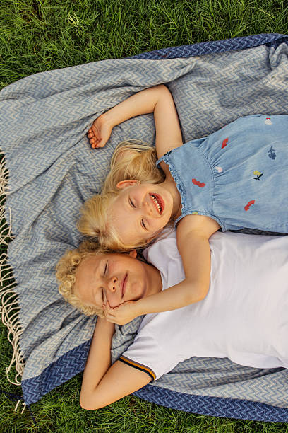 istock Siblings Smiling and Relaxing on a Blanket in a Grassy Field 2208859424