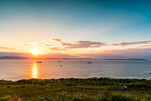 View of ships at sea from a high forested bank during sunset