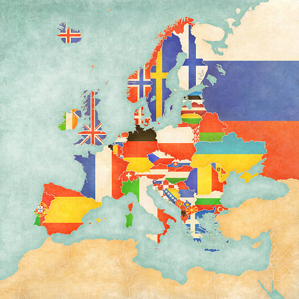 Flags of all countries on the map of Europe in soft grunge and vintage style, like old paper with watercolor painting.