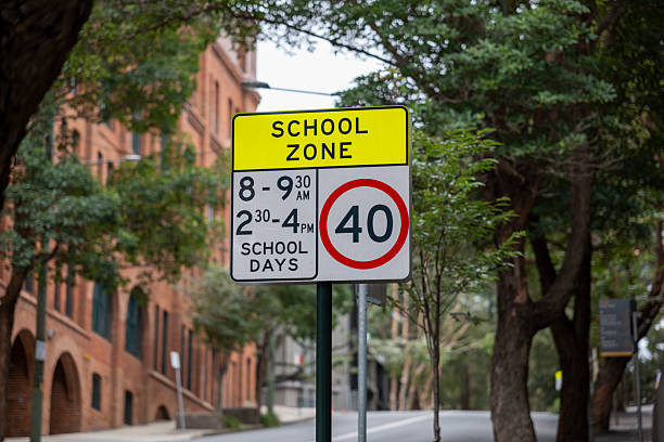 Traffic signs in a school zone on a quiet street in Central Sydney, Australia.