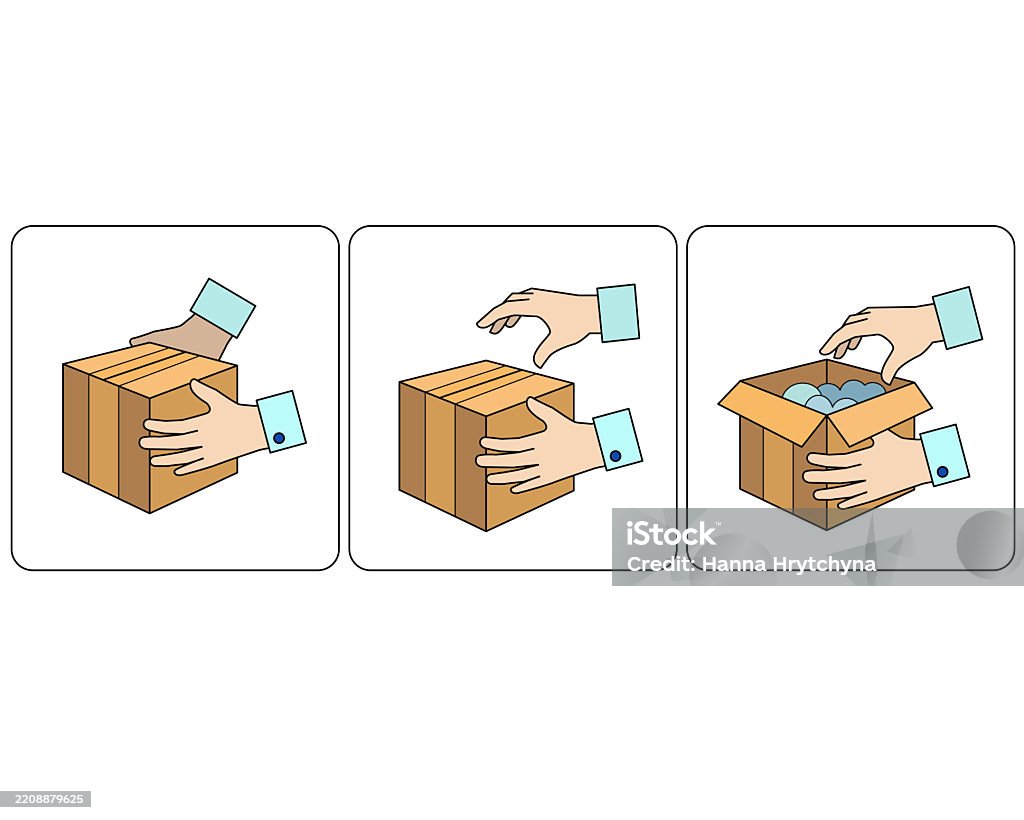 Unpacking Process Process Unpacking A Parcel A Box With A Purchase Hands Open A Cardboard ...